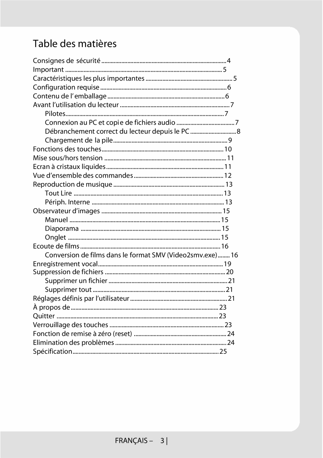 Sylvania SMPK1066 user manual Table des matières, Vue d’ensemble des commandes 