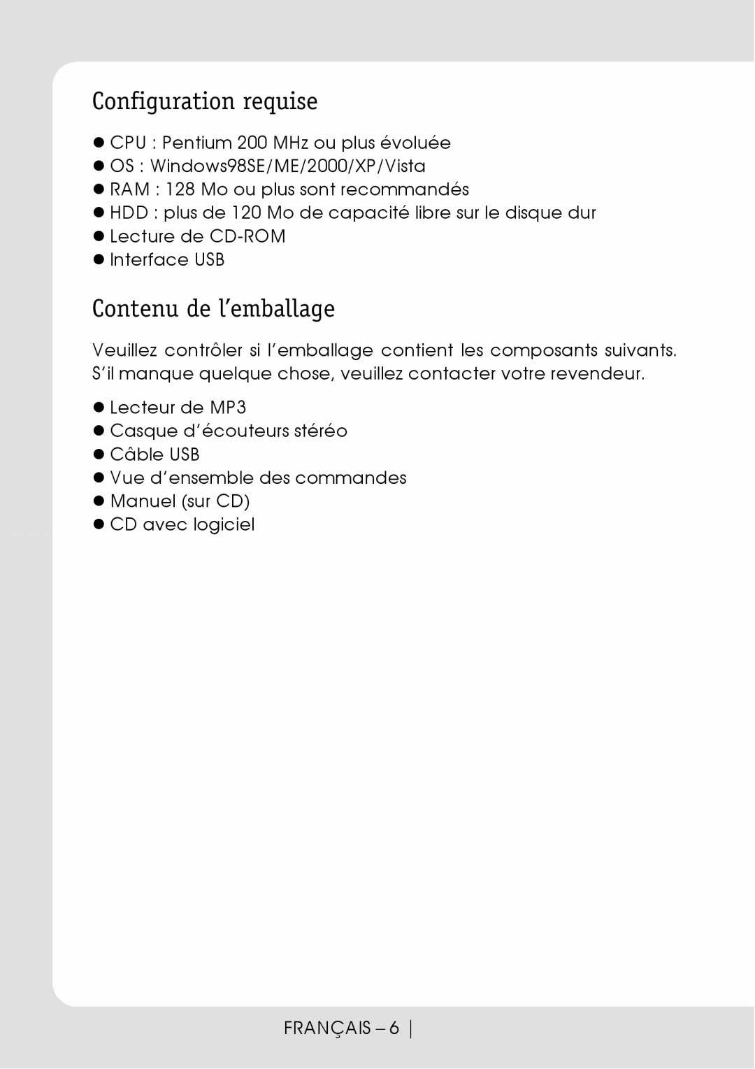 Sylvania SMPK1066 user manual Configuration requise, Contenu de l’emballage 