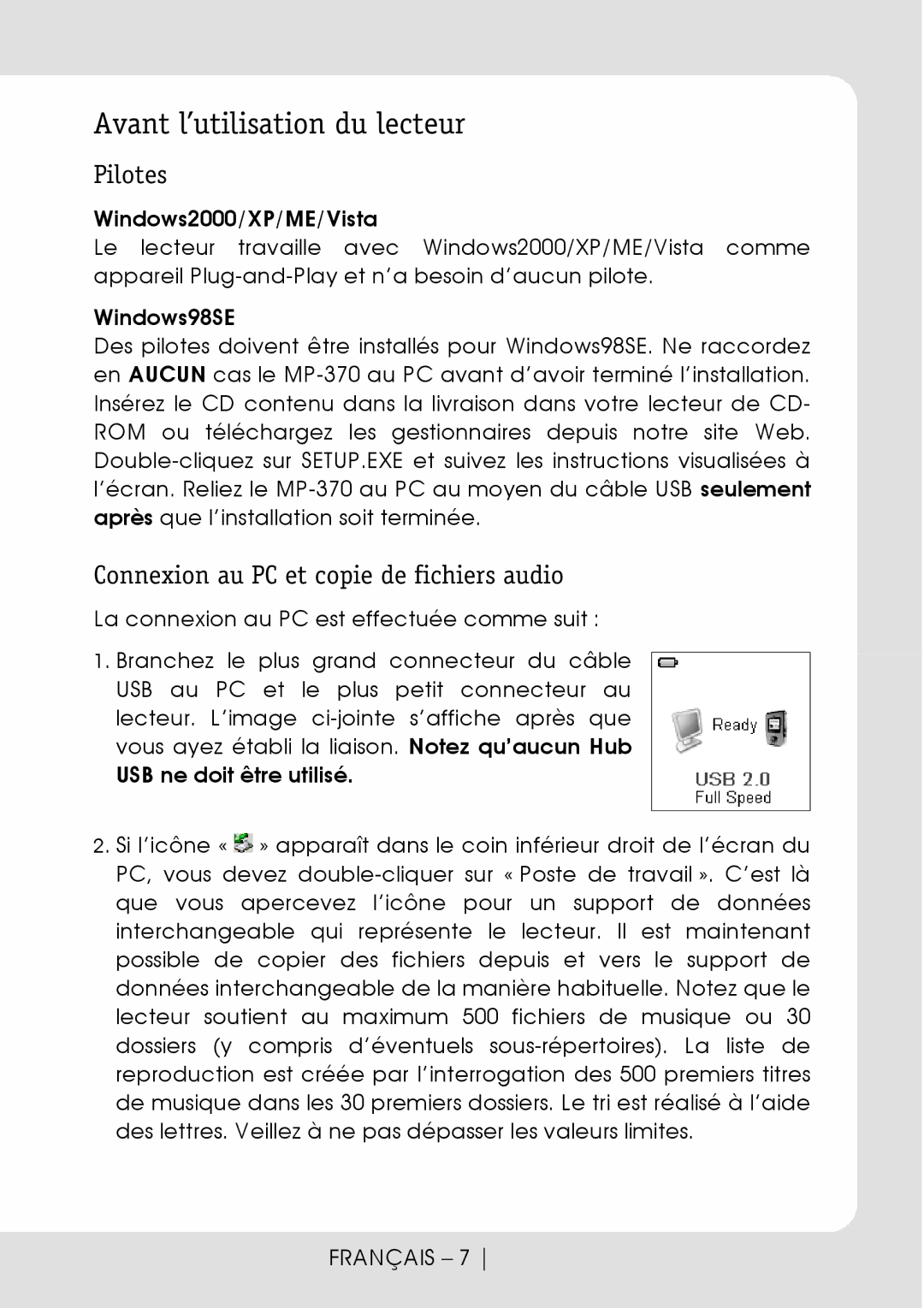 Sylvania SMPK1066 Avant l’utilisation du lecteur, Windows2000/XP/ME/Vista, Windows98SE, USB ne doit être utilisé 