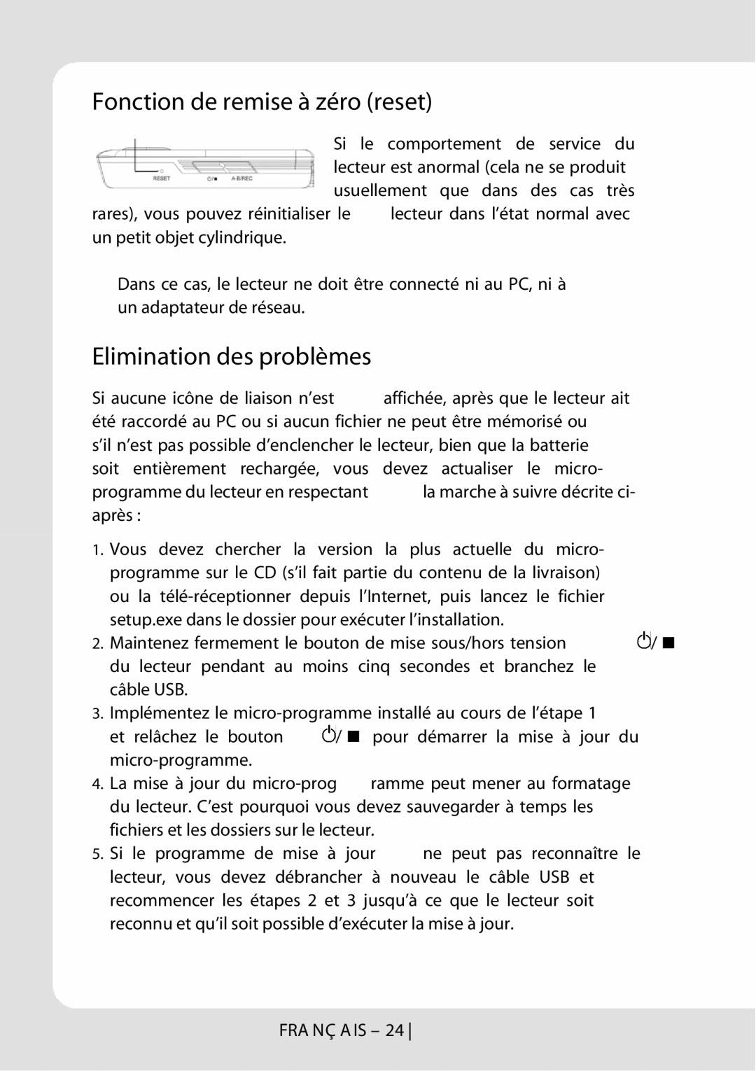 Sylvania SMPK1066 user manual Fonction de remise à zéro reset, Elimination des problèmes 