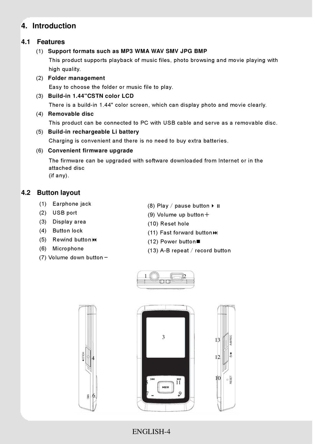 Sylvania SMPK1066 user manual Introduction, ENGLISH-4, Features, Button layout 