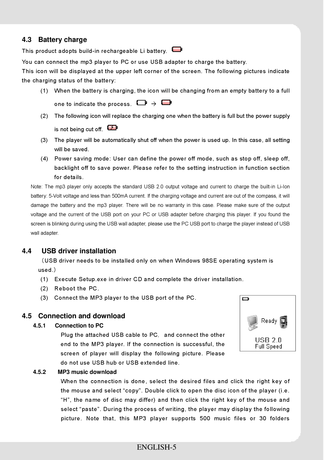 Sylvania SMPK1066 user manual ENGLISH-5, Battery charge, USB driver installation, Connection and download 