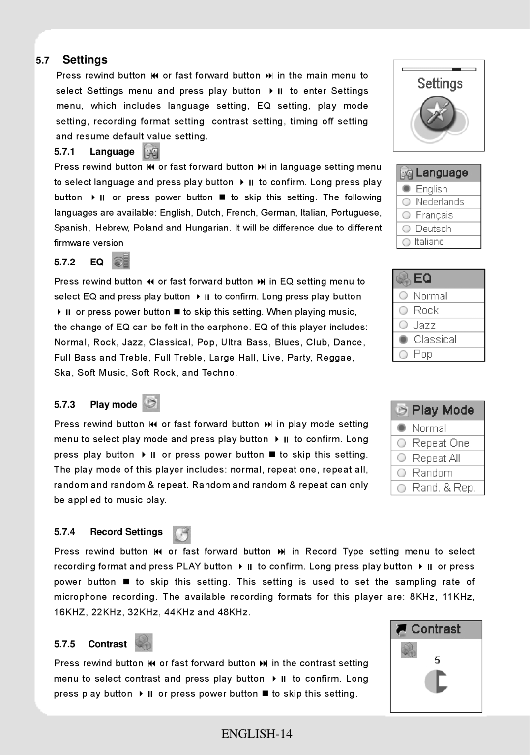 Sylvania SMPK2066 user manual ENGLISH-14, Settings 