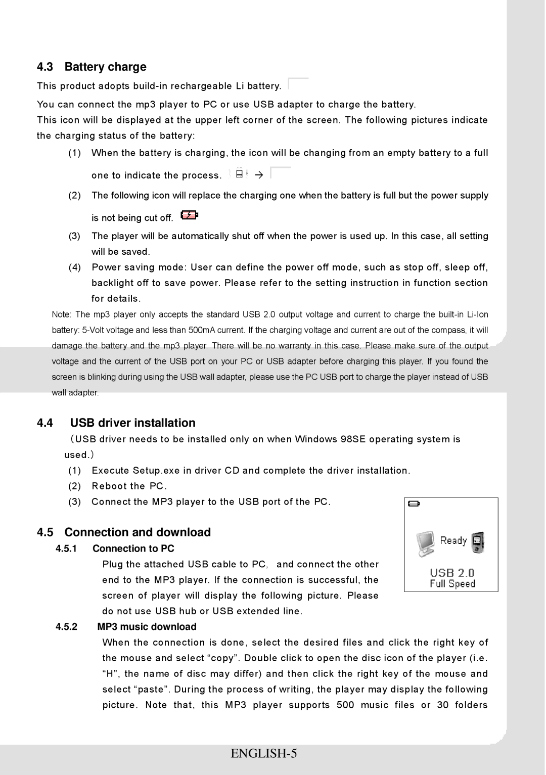 Sylvania SMPK2066 user manual ENGLISH-5, Battery charge, USB driver installation, Connection and download 