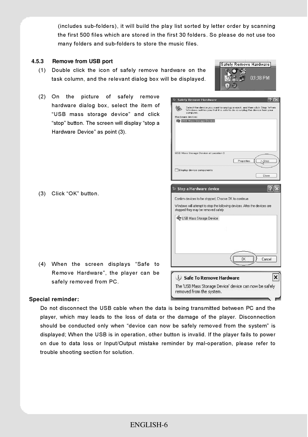 Sylvania SMPK2066 user manual ENGLISH-6, Remove from USB port, Special reminder 