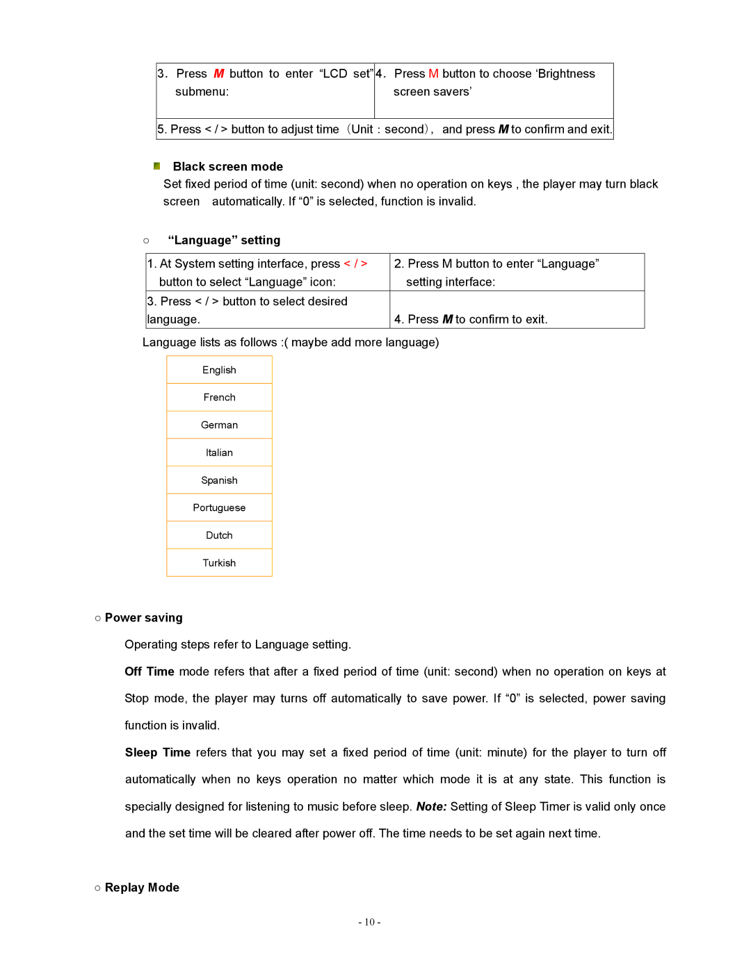 Sylvania SMPK2077 user manual Black screen mode, Language setting, Power saving, Replay Mode 