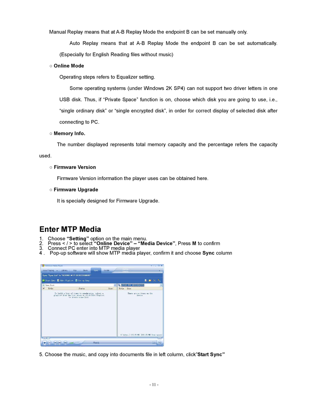 Sylvania SMPK2077 user manual Enter MTP Media, Online Mode, Memory Info, Firmware Version, Firmware Upgrade 