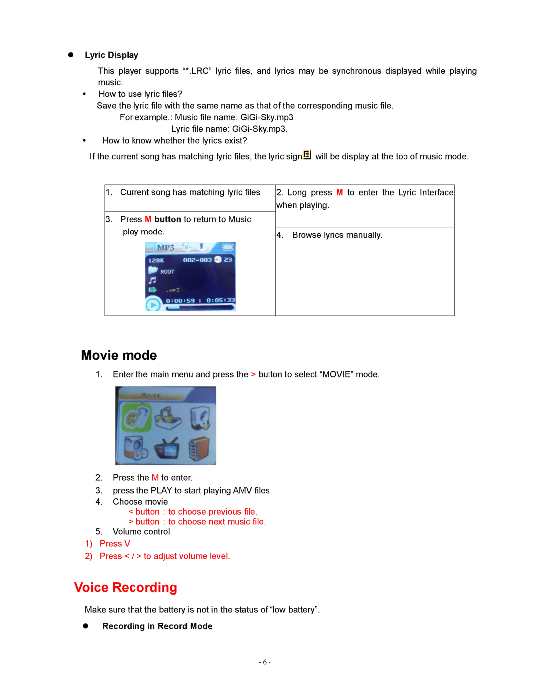 Sylvania SMPK2077 user manual Movie mode, Lyric Display, Recording in Record Mode 