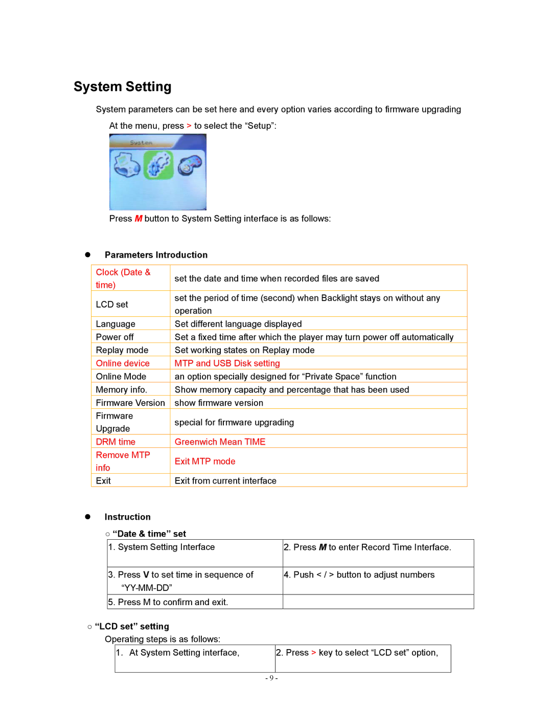 Sylvania SMPK2077 user manual System Setting, Parameters Introduction, Instruction Date & time set, LCD set setting 