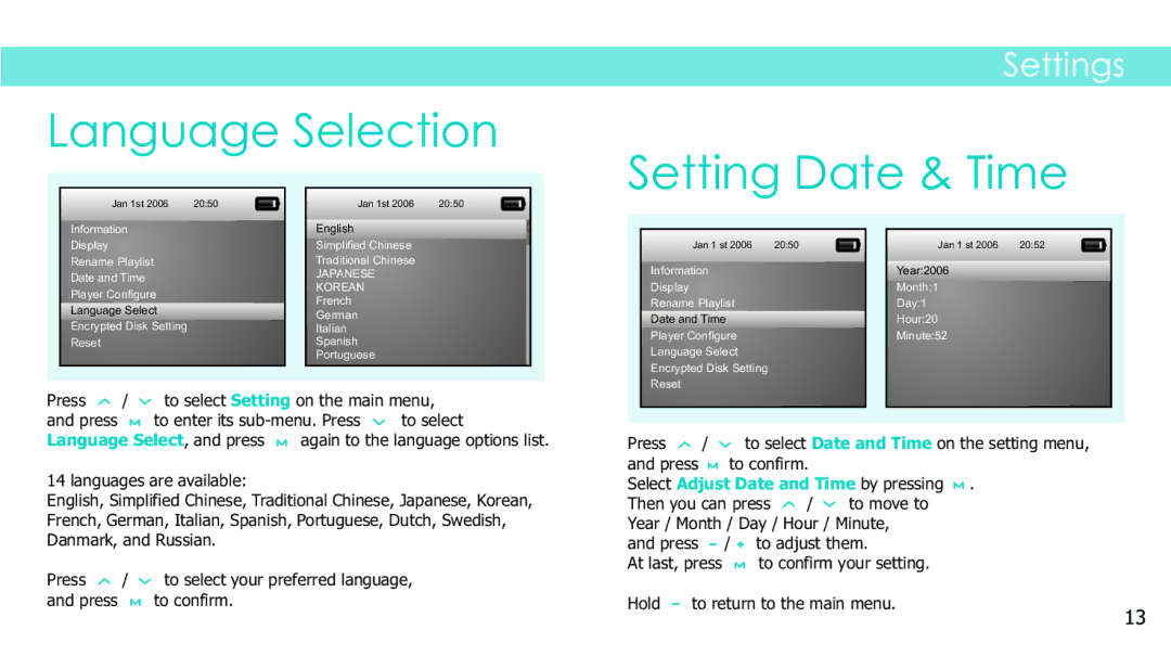 Sylvania SMPK2242 manual Language Selection, Setting Date & Time 