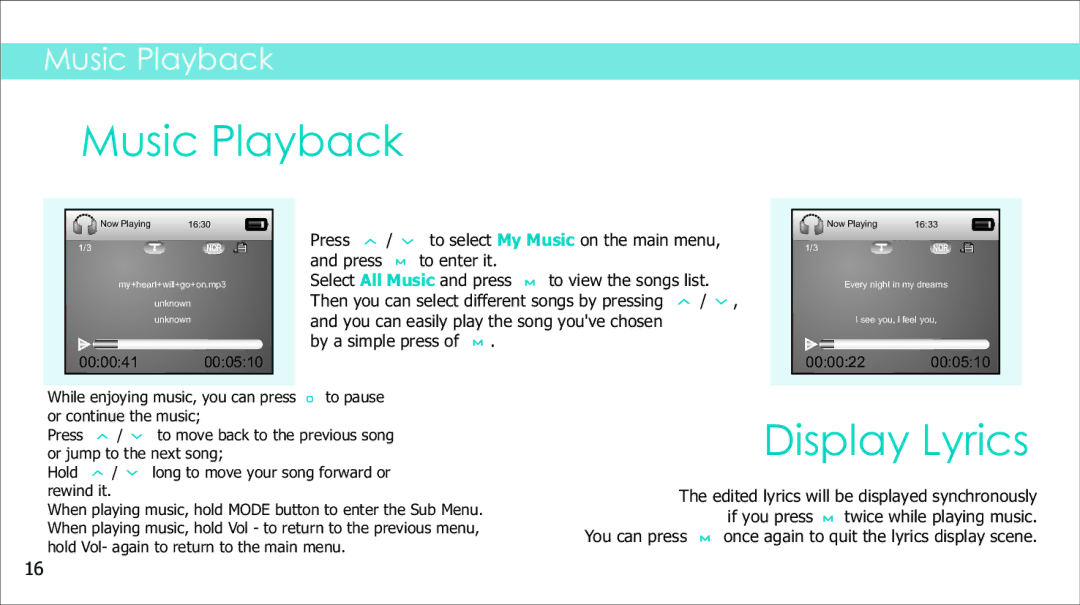 Sylvania SMPK2242 manual Music Playback, Display Lyrics 