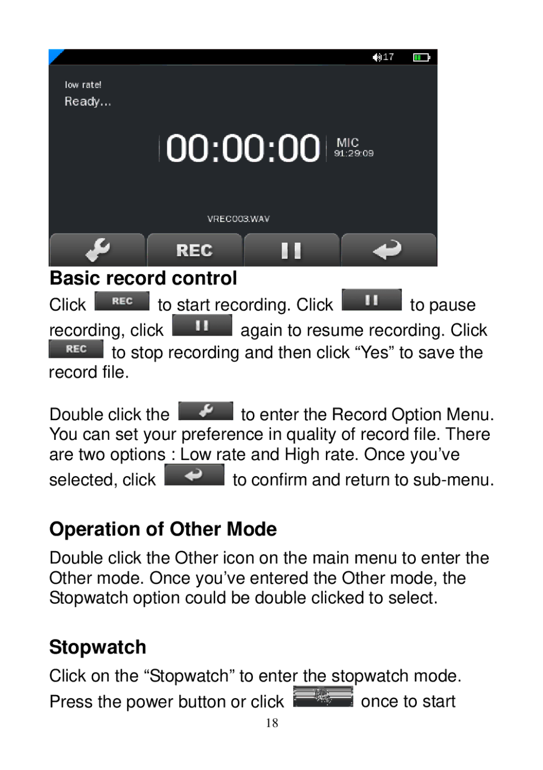 Sylvania SMPK3604 user manual Basic record control, Operation of Other Mode, Stopwatch 