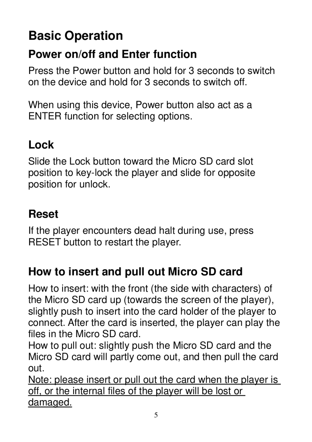 Sylvania SMPK3604 user manual Power on/off and Enter function, Lock, Reset, How to insert and pull out Micro SD card 