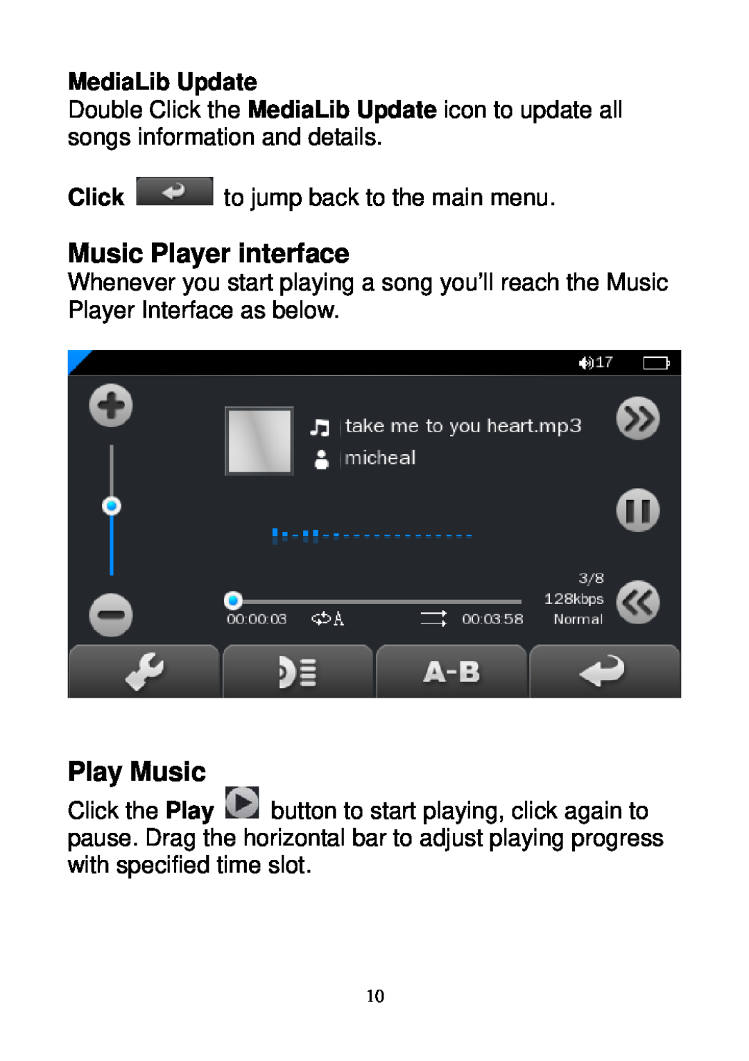 Sylvania SMPK3604 user manual Music Player interface, Play Music, MediaLib Update 