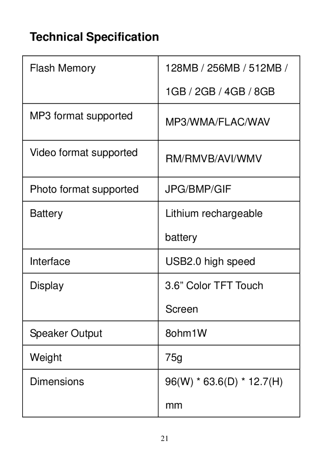 Sylvania SMPK3608 user manual Technical Specification, Jpg/Bmp/Gif 