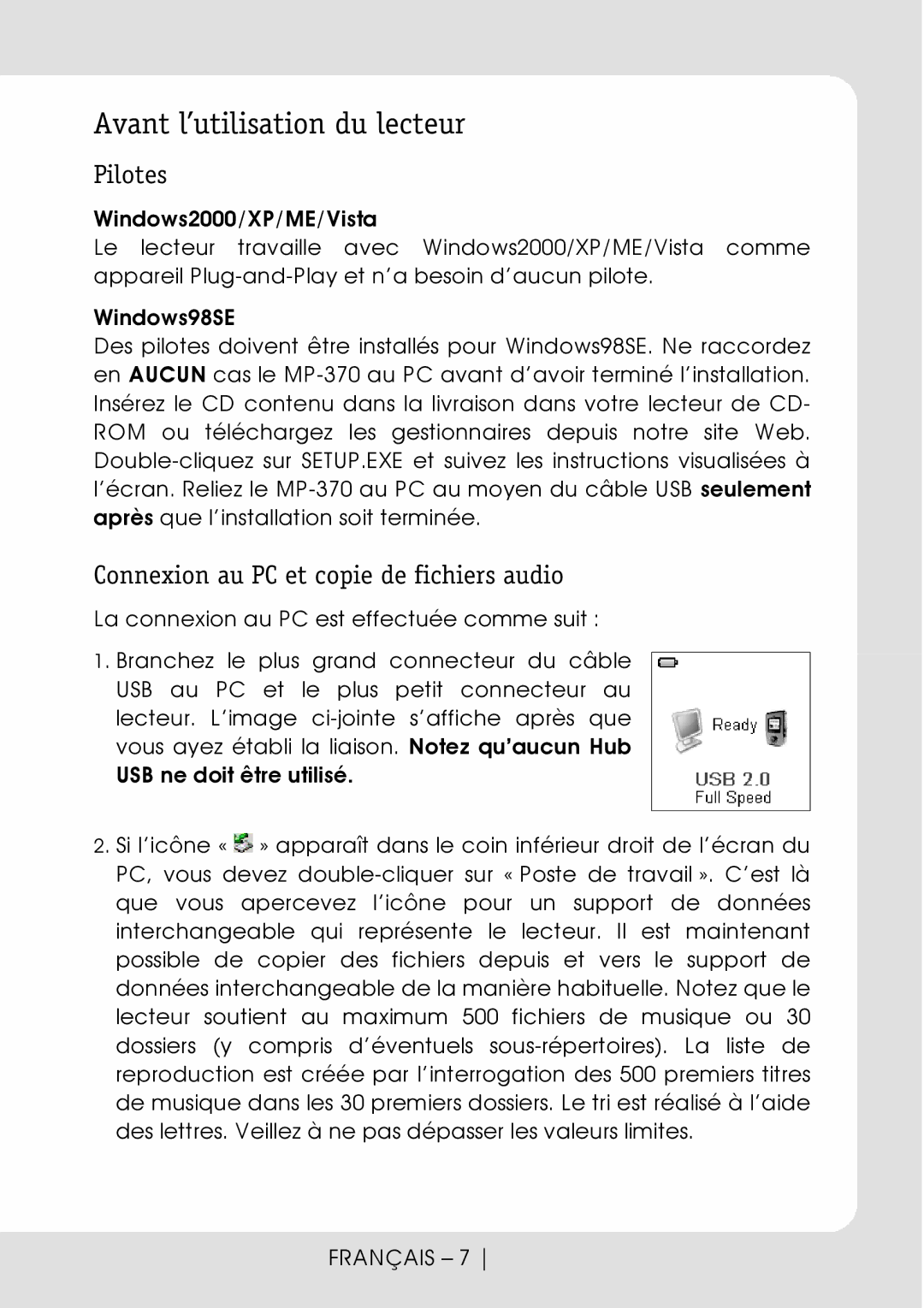 Sylvania SMPK4066 Avant l’utilisation du lecteur, Windows2000/XP/ME/Vista, Windows98SE, USB ne doit être utilisé 