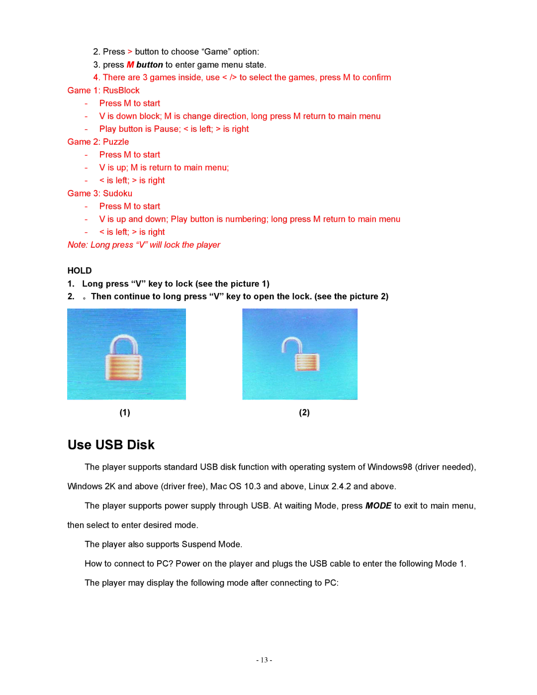 Sylvania SMPK4077 user manual Use USB Disk, Hold 