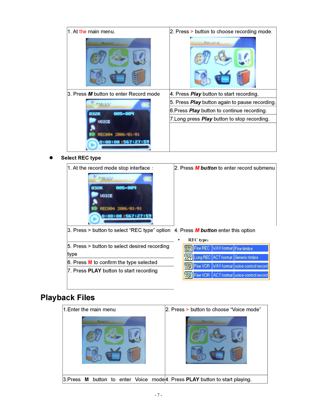 Sylvania SMPK4077 user manual Playback Files, Select REC type 