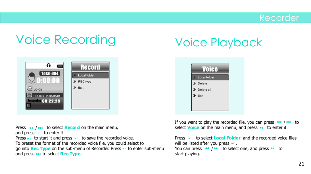 Sylvania SMPK4083 manual Voice Recording, Voice Playback 