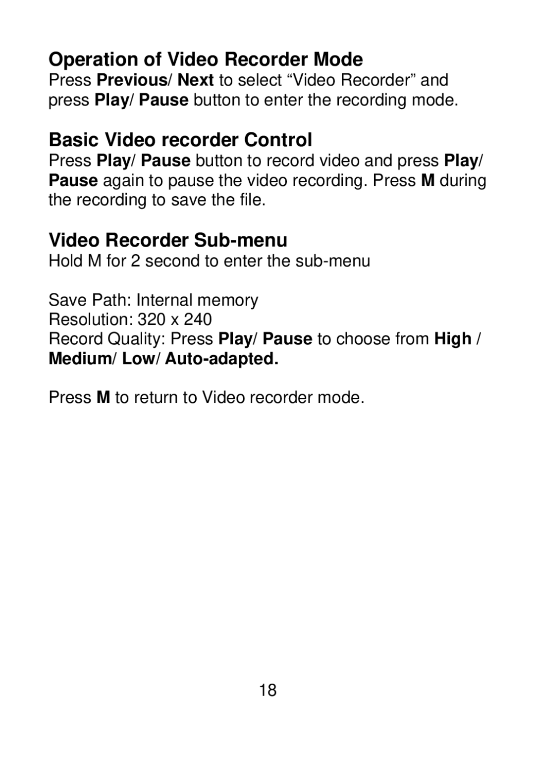 Sylvania SMPK4099 user manual Operation of Video Recorder Mode, Basic Video recorder Control, Video Recorder Sub-menu 