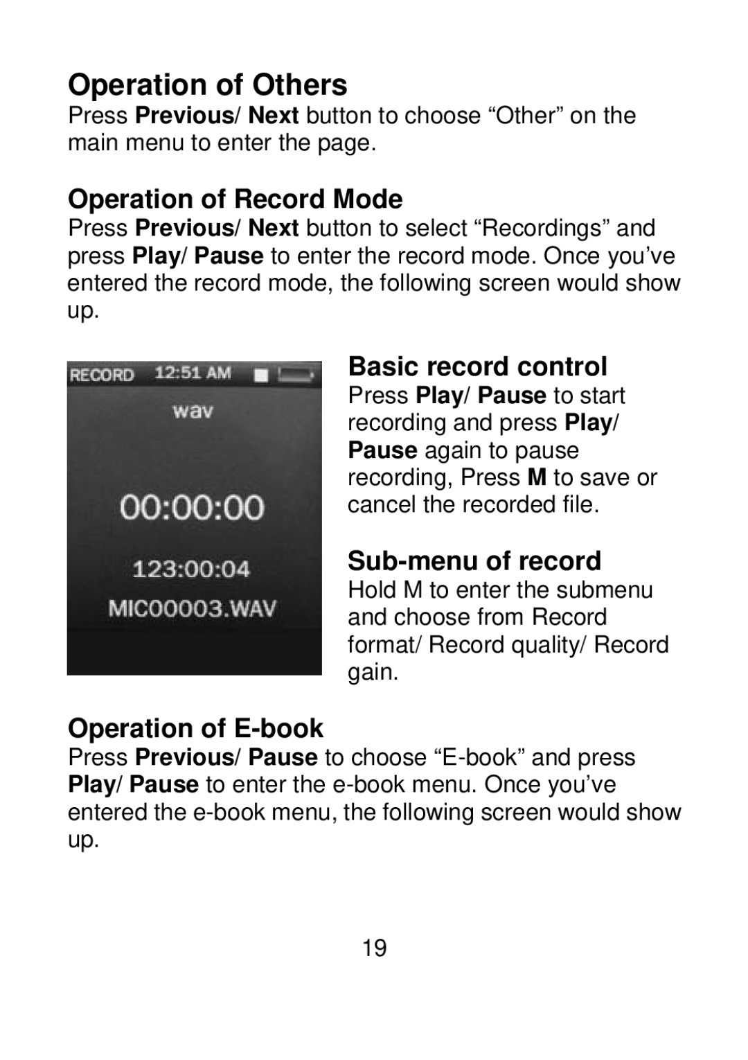 Sylvania SMPK4099 user manual Operation of Others, Operation of Record Mode, Basic record control, Sub-menu of record 