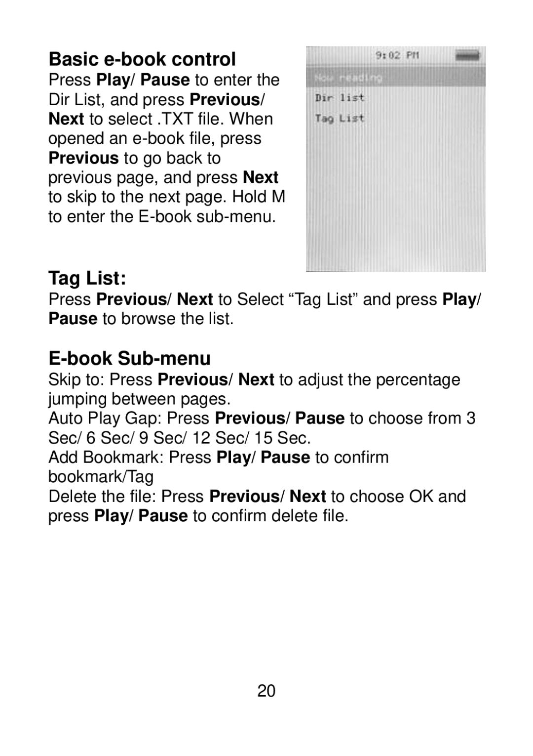 Sylvania SMPK4099 user manual Basic e-book control, Tag List, Book Sub-menu 