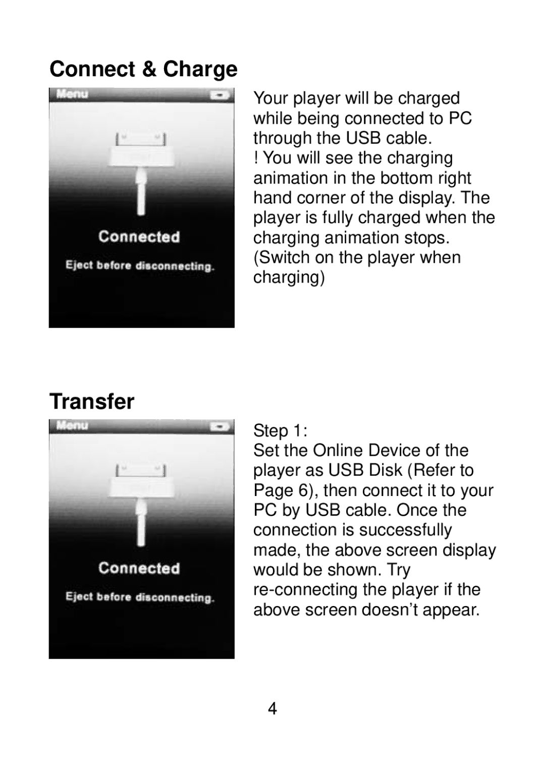 Sylvania SMPK4099 user manual Connect & Charge, Transfer 