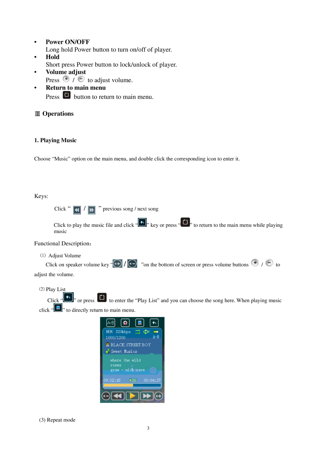 Sylvania SMPK7634 user manual Power ON/OFF, Hold, Volume adjust, Return to main menu, Ⅲ Operations 