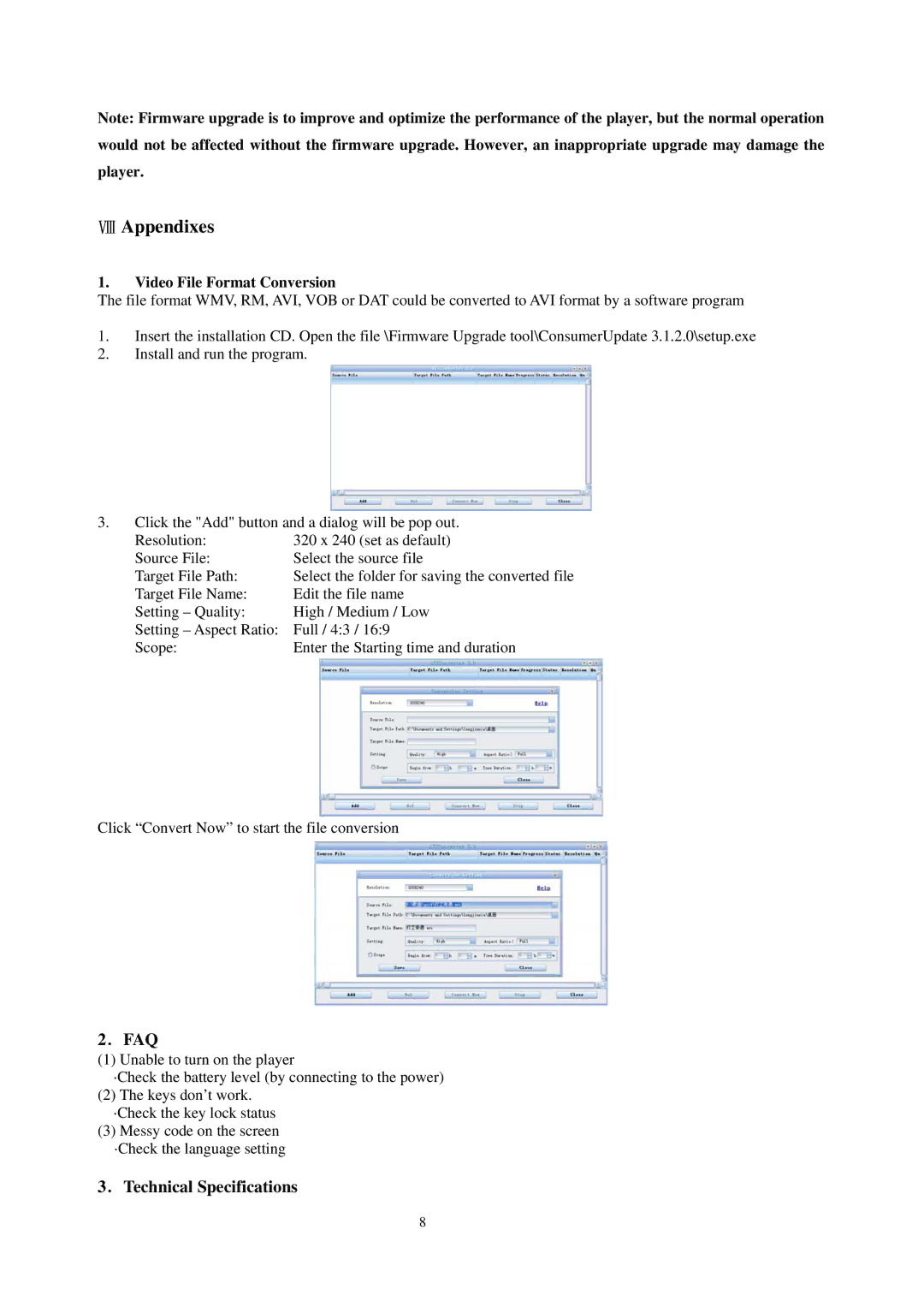 Sylvania SMPK8858 user manual Ⅷ Appendixes, ．Technical Specifications 