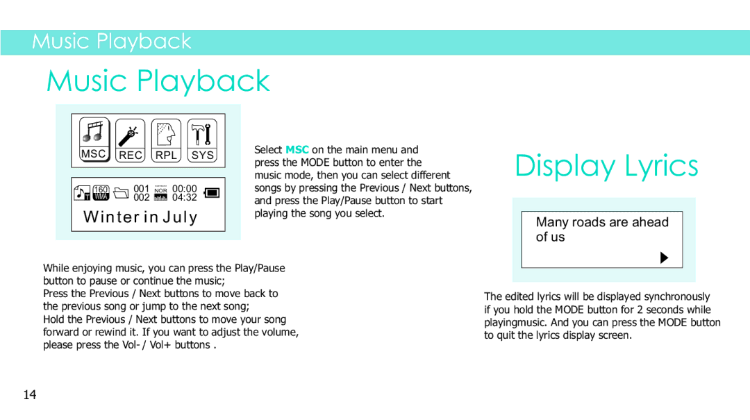 Sylvania SMPS1017 manual Music Playback, Display Lyrics 