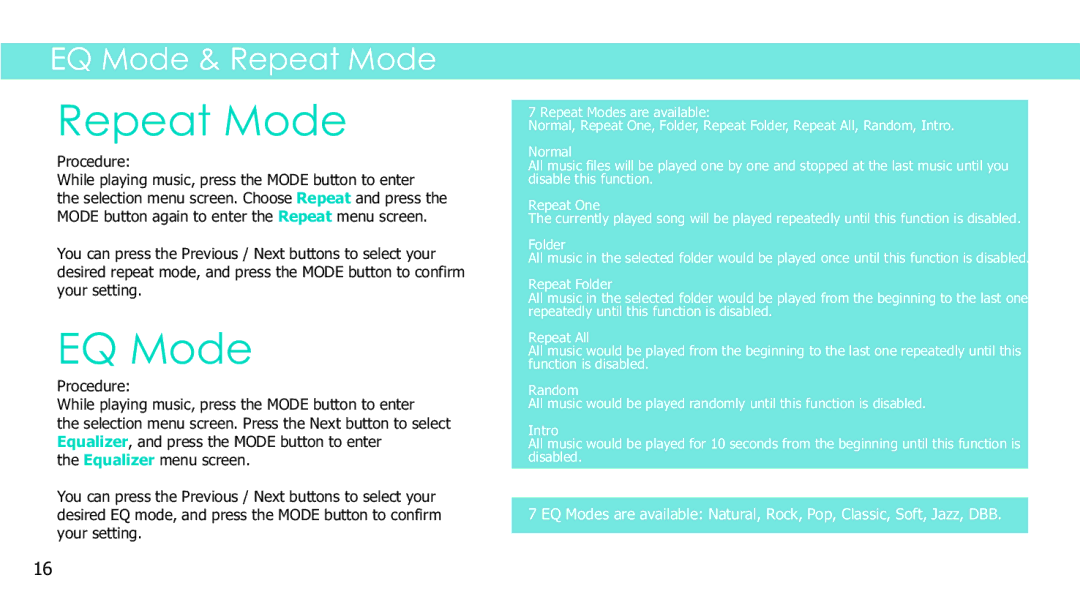 Sylvania SMPS1017 manual Repeat Mode, EQ Mode 