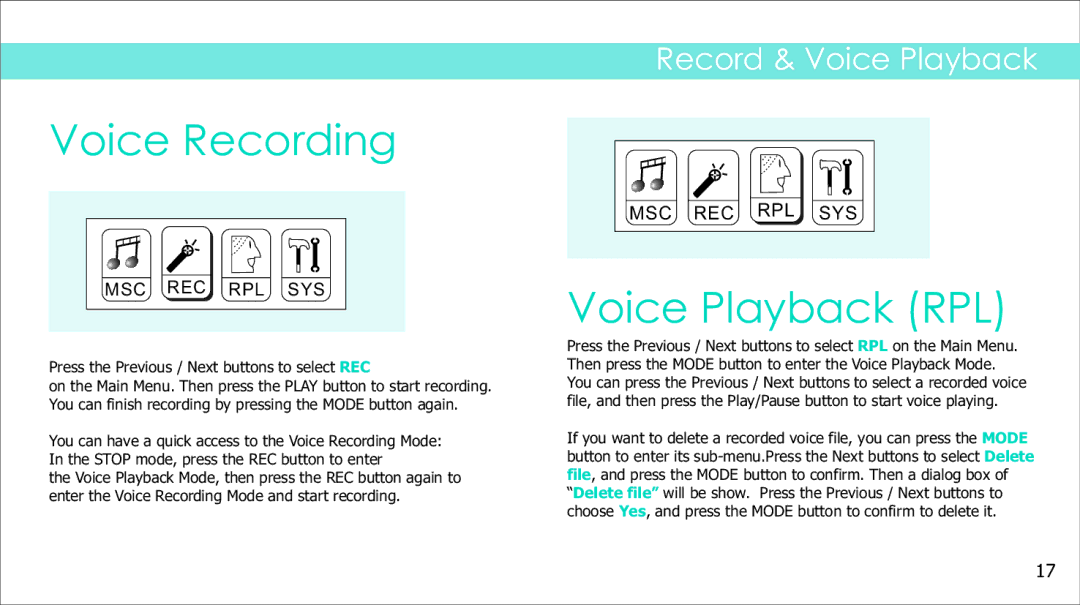 Sylvania SMPS1017 manual Voice Recording, Voice Playback RPL, Press the Previous / Next buttons to select REC 