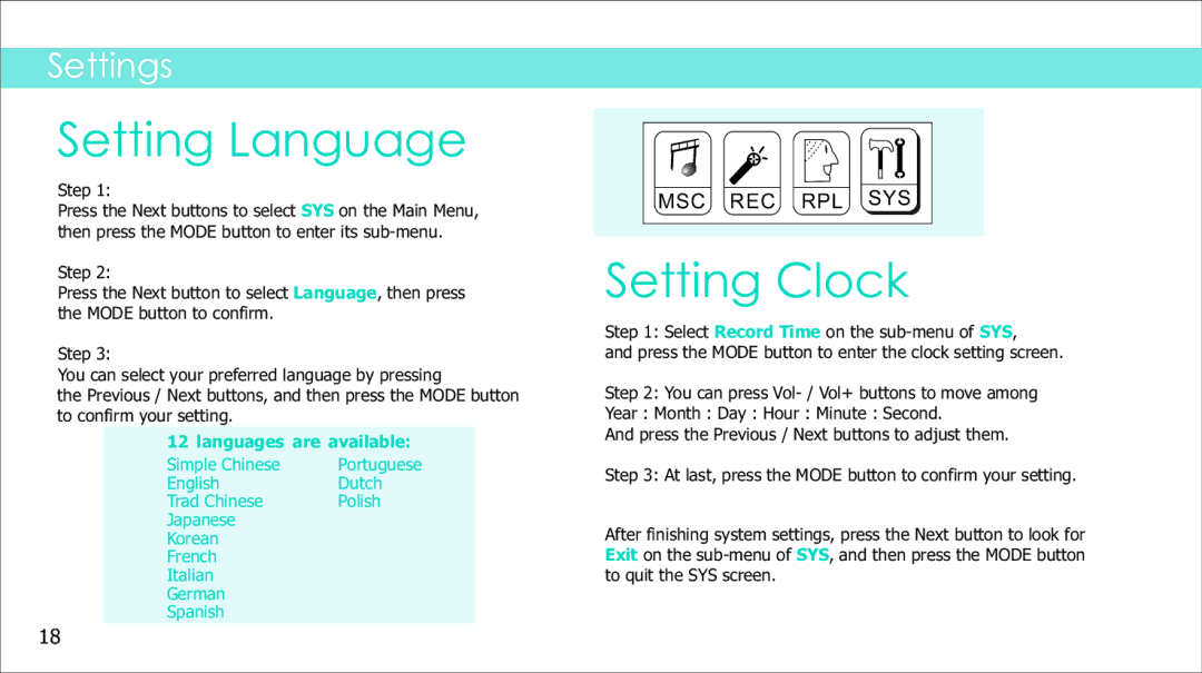 Sylvania SMPS1017 manual Setting Language, Setting Clock 