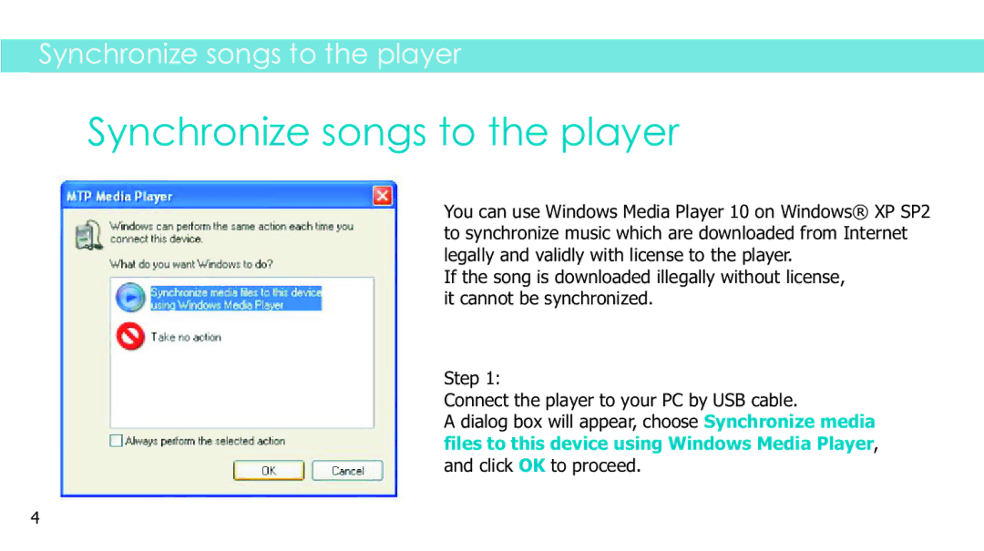 Sylvania SMPS1017 manual Synchronize songs to the player 