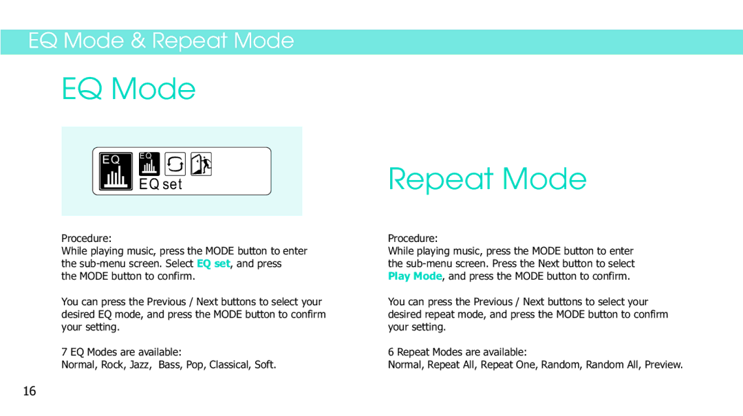 Sylvania SMPS1018 manual EQ Mode, Repeat Mode, Procedure 