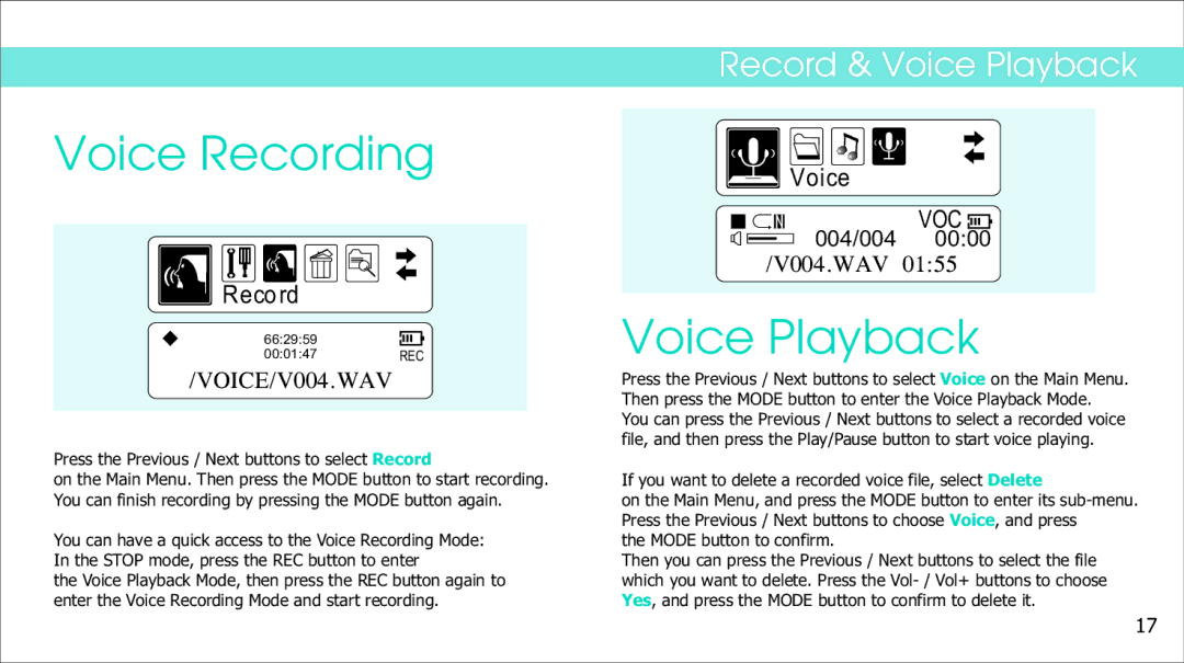 Sylvania SMPS1018 manual Voice Recording, Voice Playback, Press the Previous / Next buttons to select Record 