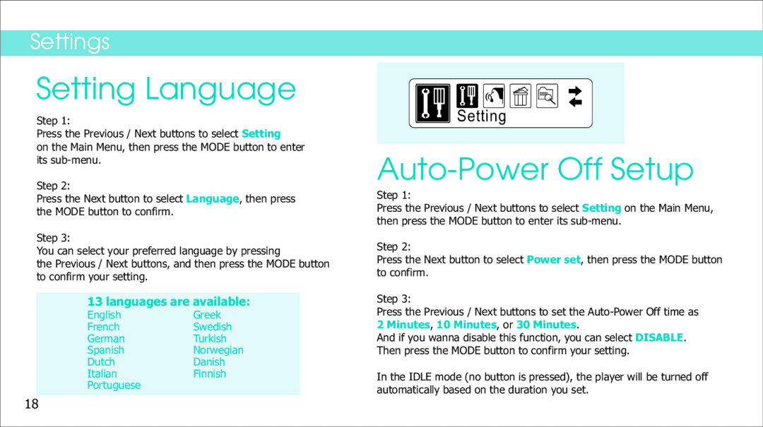 Sylvania SMPS1018 manual Setting Language, Auto-Power Off Setup 