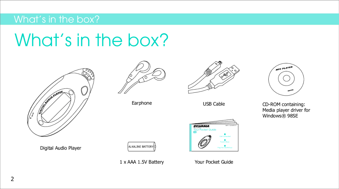 Sylvania SMPS1018 manual What’s in the box?, Earphone Digital Audio Player, AAA 1.5V Battery USB Cable 