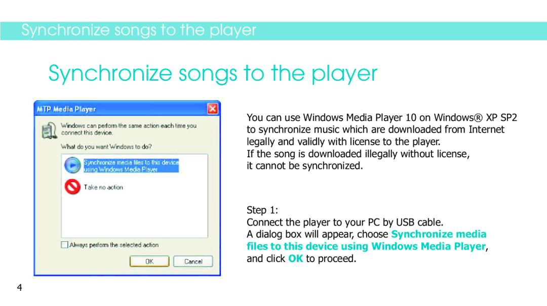 Sylvania SMPS2018 manual Synchronize songs to the player 