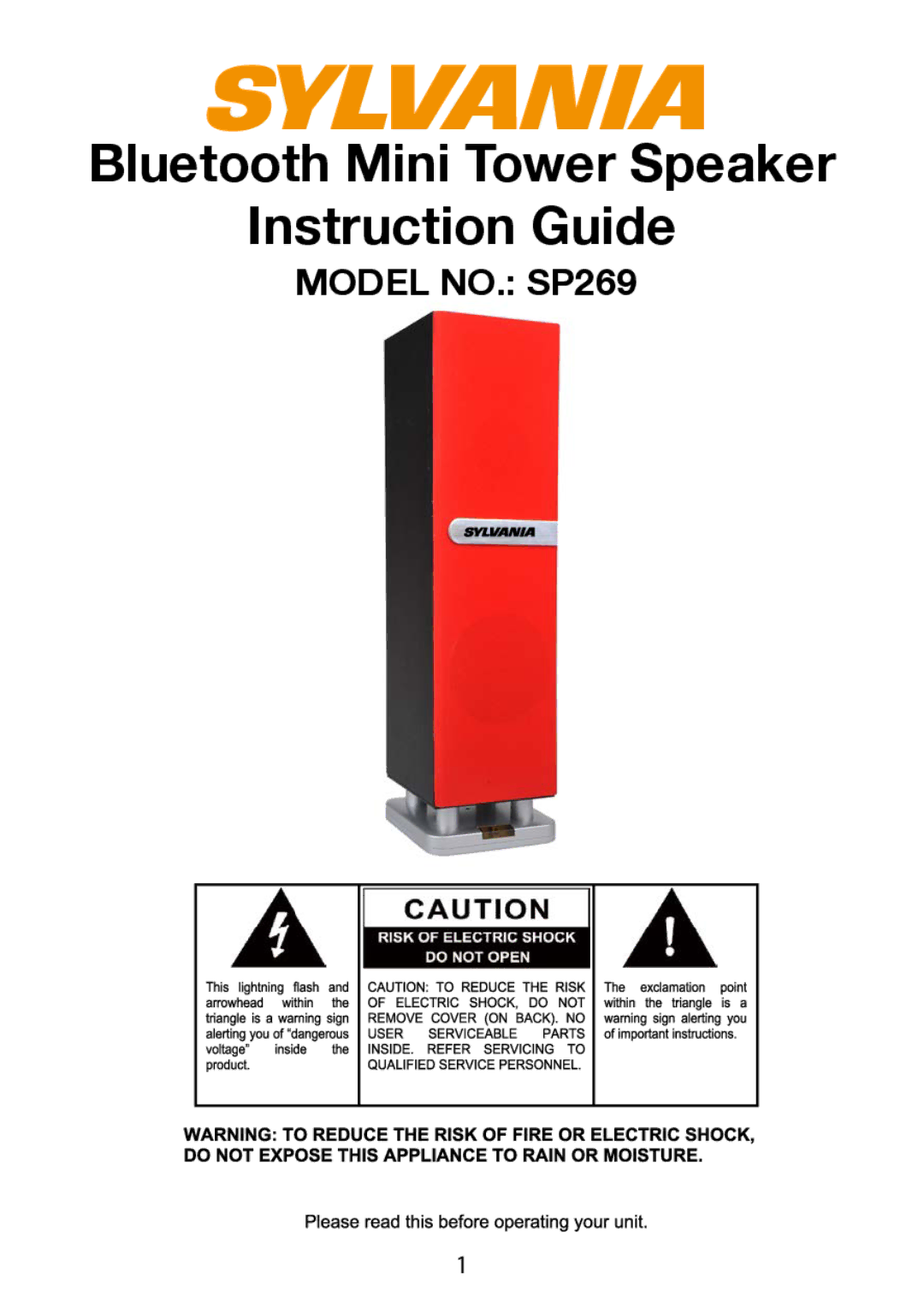 Sylvania SP269 manual Bluetooth Mini Tower Speaker Instruction Guide 