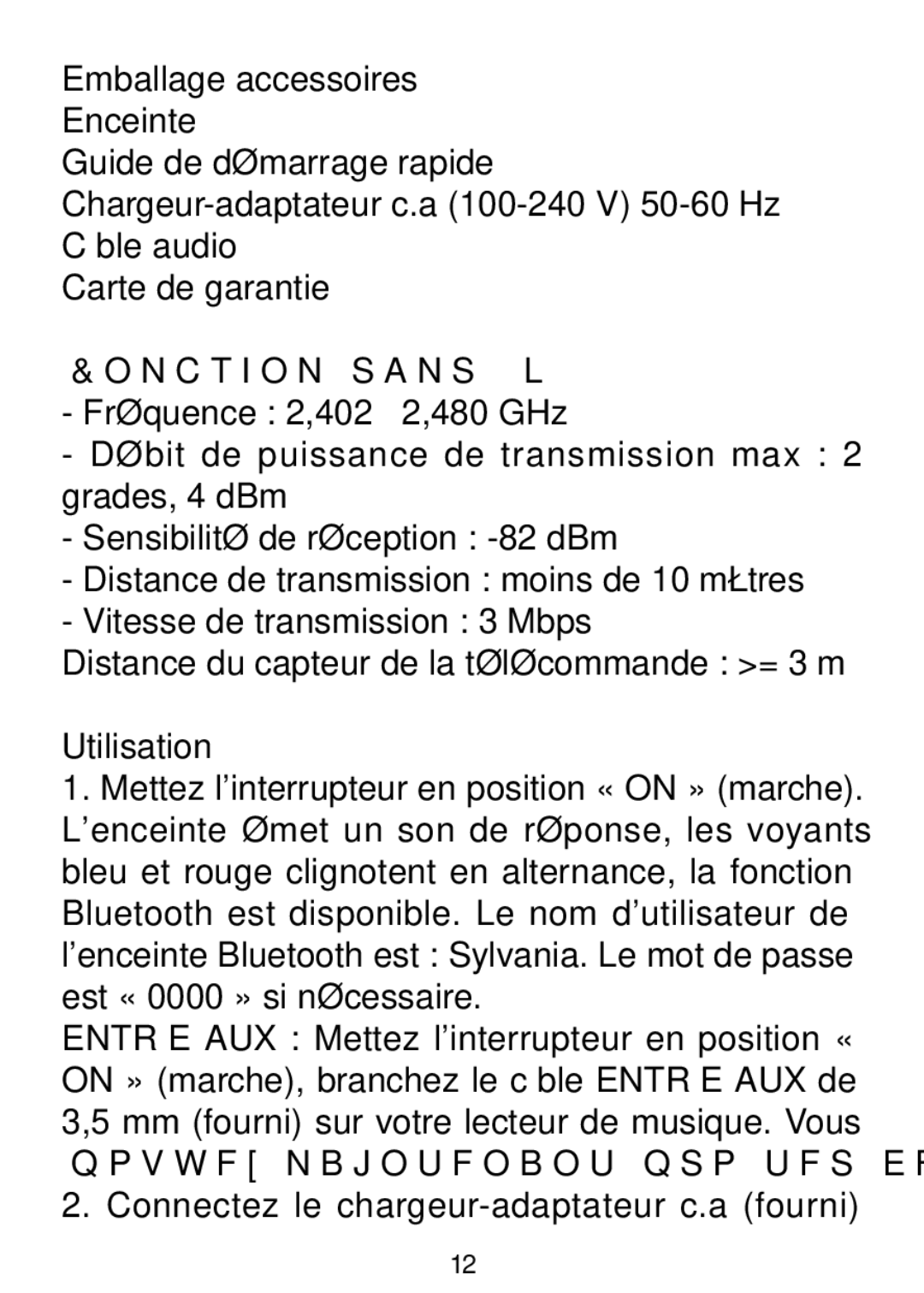 Sylvania SP269 manual Emballage accessoires, Fonction sans fil, Utilisation 