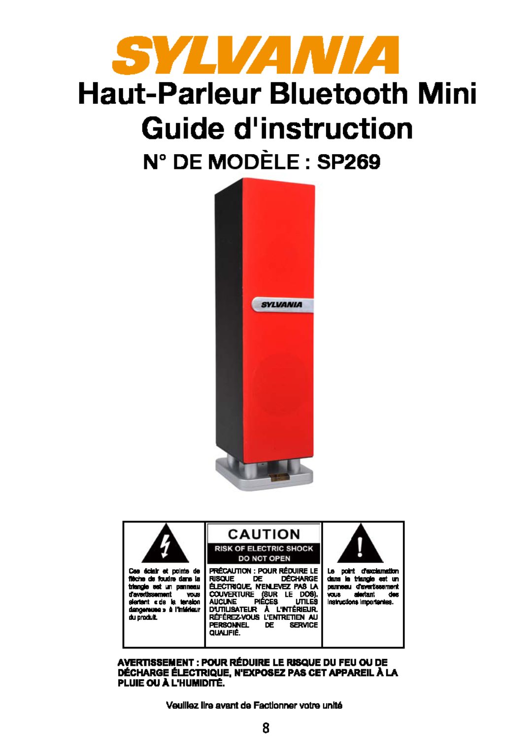Sylvania manual Haut-ParleurBluetooth Mini Guide dinstruction, N DE MODÈLE SP269 