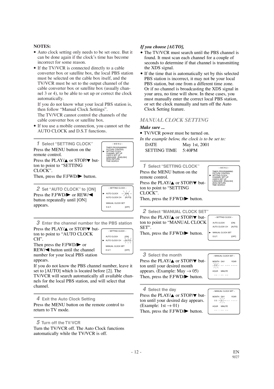 Sylvania SRC2109D owner manual Manual Clock Setting, If you choose Auto 