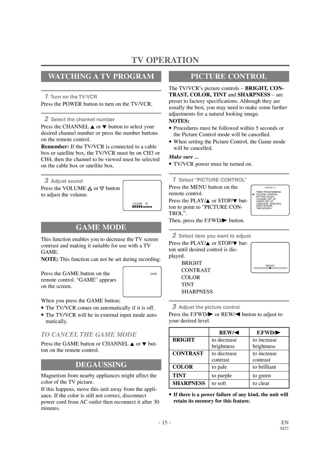 Sylvania SRC2109D owner manual TV Operation, Watching a TV Program, Picture Control, Game Mode, Degaussing 