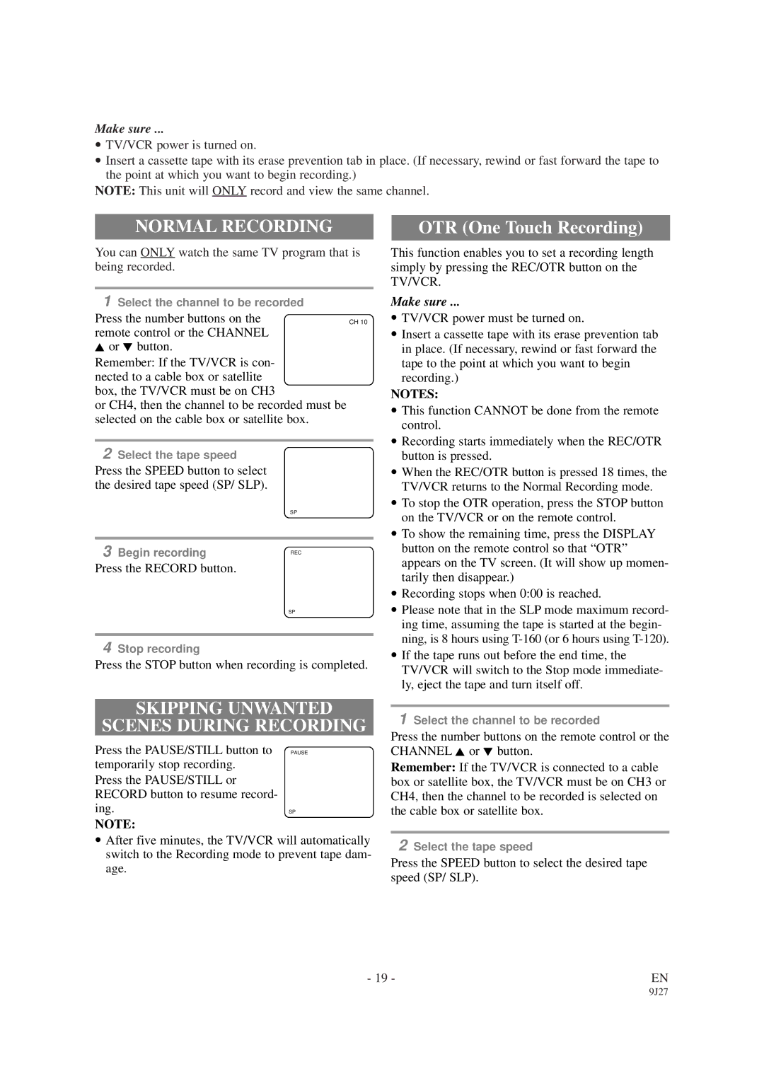 Sylvania SRC2109D owner manual Normal Recording, Skipping Unwanted Scenes During Recording 