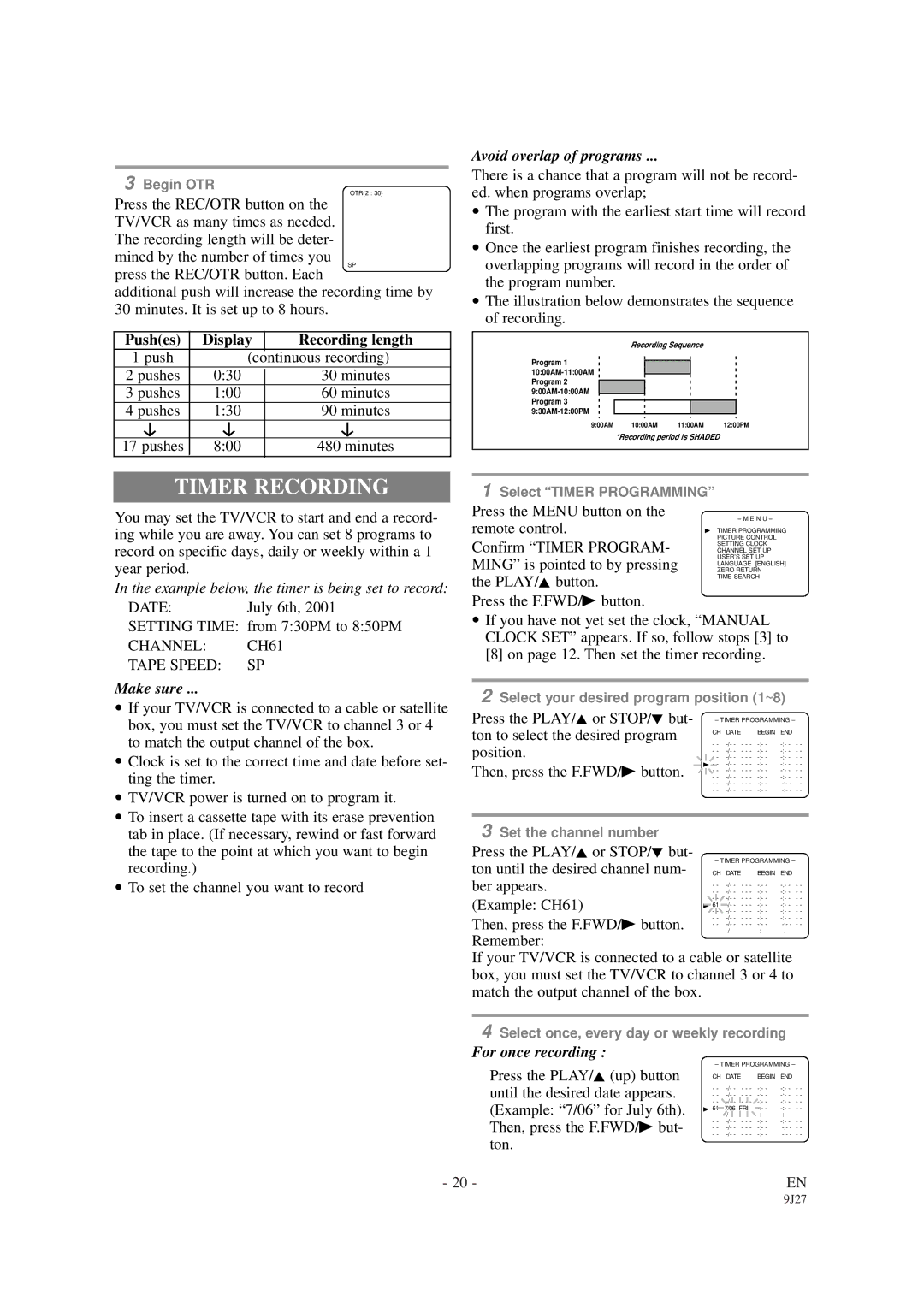 Sylvania SRC2109D owner manual Timer Recording, Pushes Display Recording length 