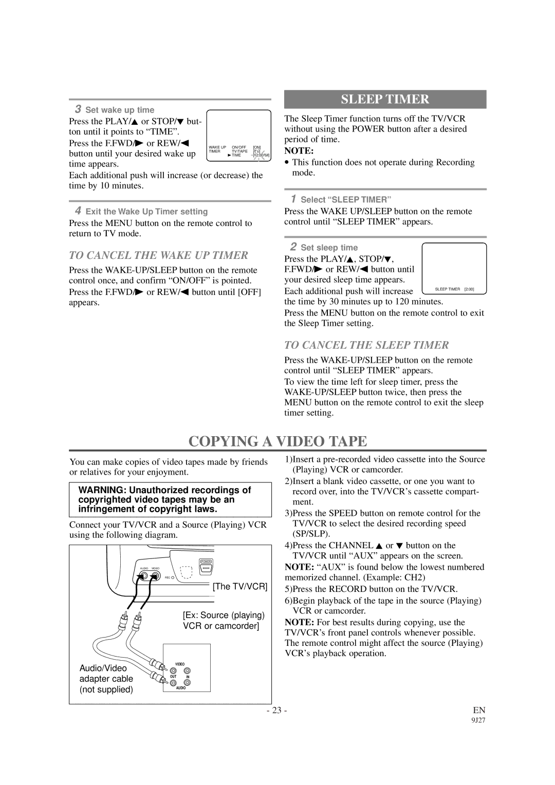 Sylvania SRC2109D owner manual Copying a Video Tape, To Cancel the Wake UP Timer, To Cancel the Sleep Timer 