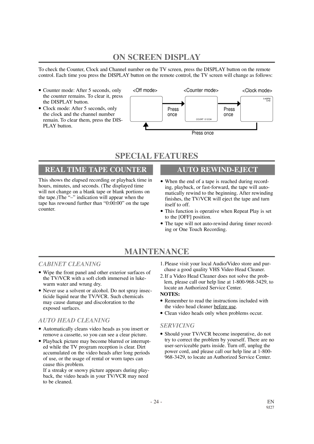 Sylvania SRC2109D owner manual On Screen Display, Special Features, Maintenance, Real Time Tape Counter, Auto REWIND-EJECT 