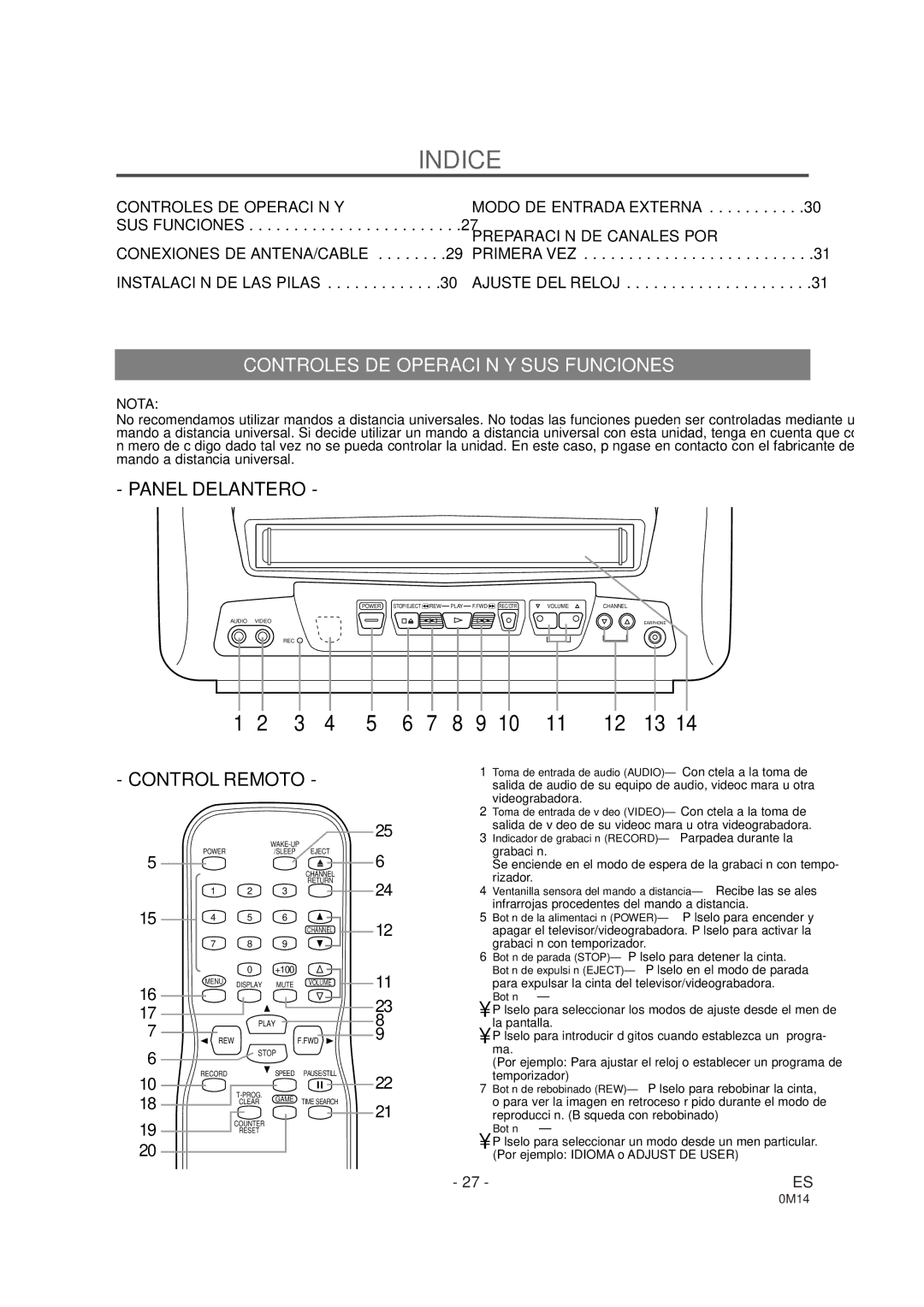 Sylvania SRC2109D owner manual Indice, Controles DE Operación Y SUS Funciones 