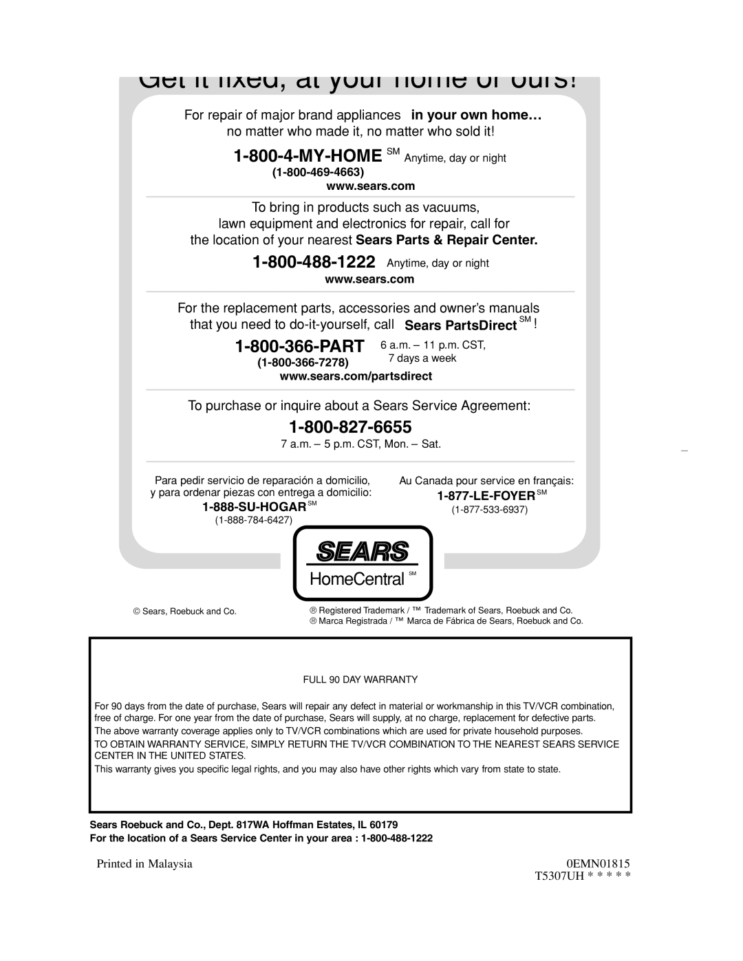 Sylvania SRC2109D owner manual Get it fixed, at your home or ours 